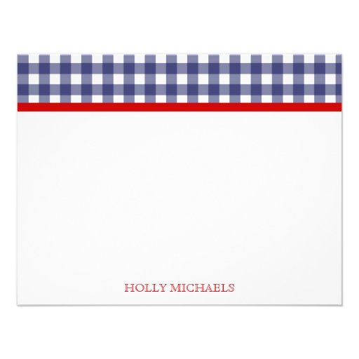 Blue Gingham & Red Flat Notecards Invitation (front side)