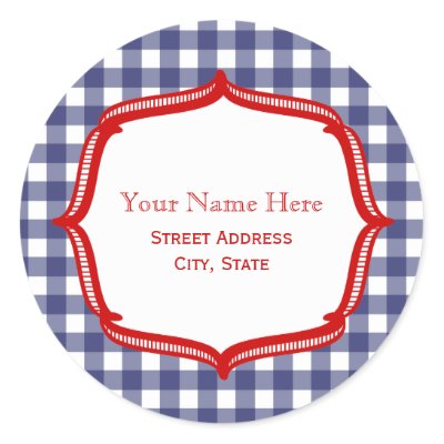 Blue Gingham With Red Address Sticker
