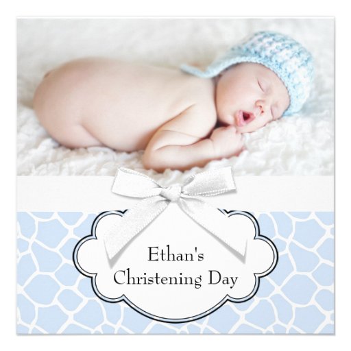 Blue Giraffe Baby Boy Photo Christening Personalized Announcements