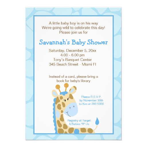 Blue Giraffe Boy Baby Shower Invitation (front side)