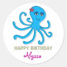 Blue Girl Octopus, Under the Sea Cupcake Toppers Round Stickers