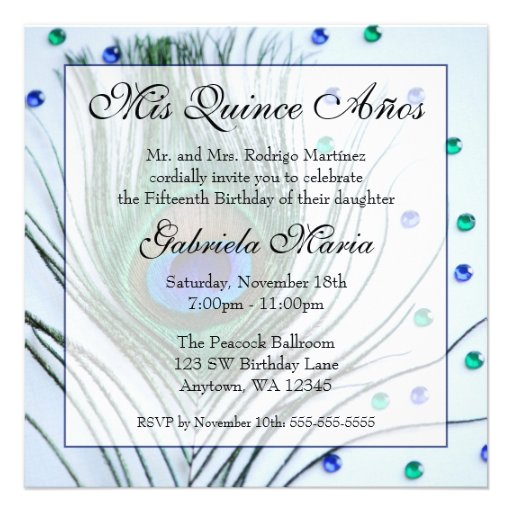 Blue Glam Peacock Feather Quinceanera Birthday Personalized Invites