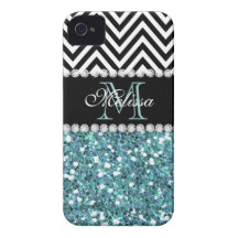 BLUE GLITTER BLACK CHEVRON MONOGRAMMED iPhone 4 Case-Mate CASES