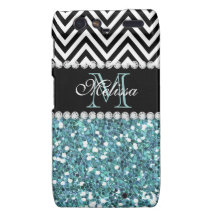 BLUE GLITTER BLACK CHEVRON MONOGRAMMED DROID RAZR COVER