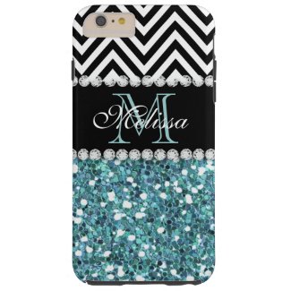 BLUE GLITTER BLACK CHEVRON MONOGRAMMED TOUGH iPhone 6 PLUS CASE