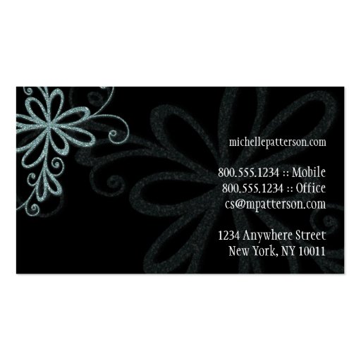 Blue Glitter Floral Design Business Cards (back side)