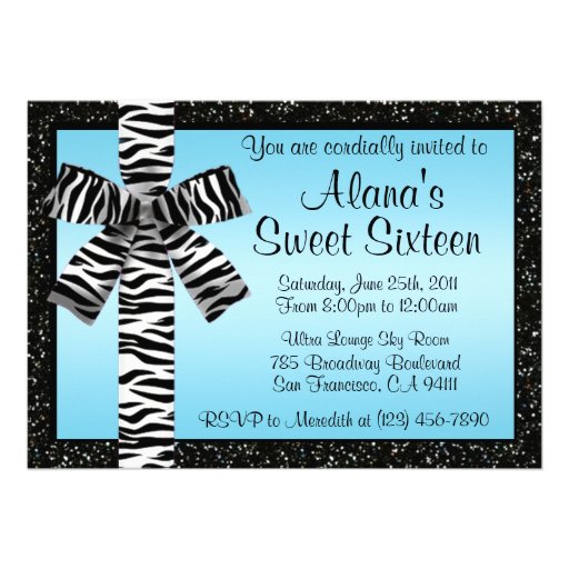 Blue Glitter Invite With Zebra Print Bow