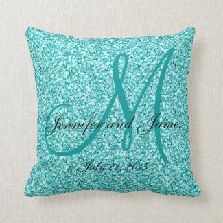 Blue Glitter Monogrammed Wedding Keepsake Pillow
