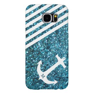 Blue Glitter Nautical Anchor with Monogram Samsung Galaxy S6 Cases