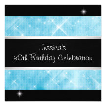 Blue Glitter Silver Lights Black 30th Birthday Personalized Invitations