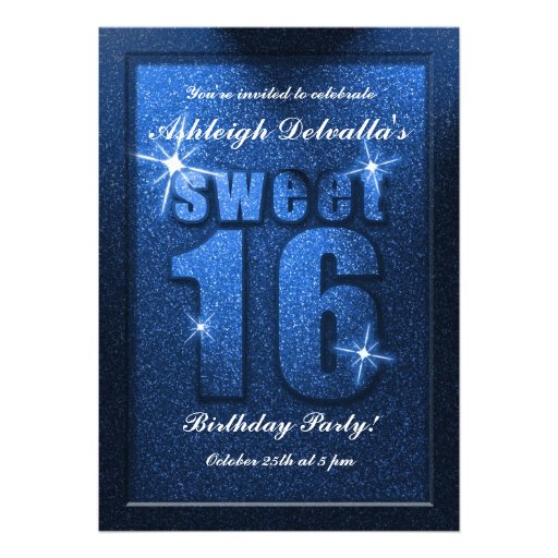 Blue Glitter Sweet 16 Birthday Party Invitation