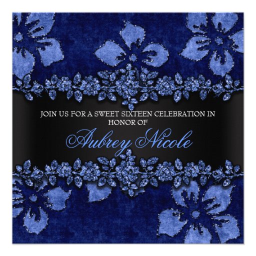 Blue Glitter Velvet Floral Sweet Sixteen Invite