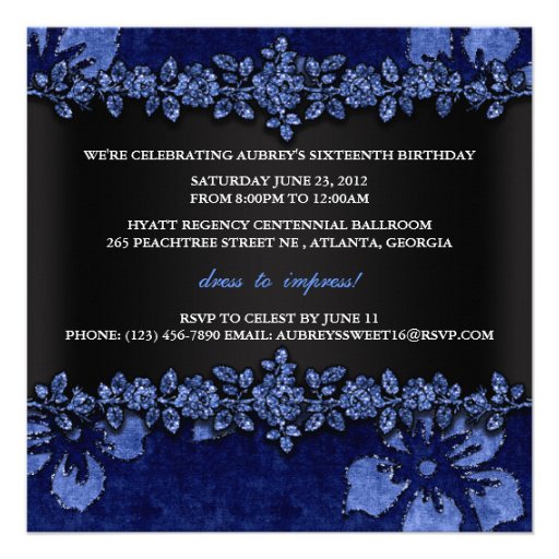 Blue Glitter Velvet Floral Sweet Sixteen Invite
