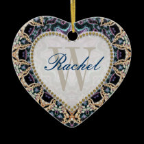 Blue Gold Batik Monogram Love Heart Ornament ornaments