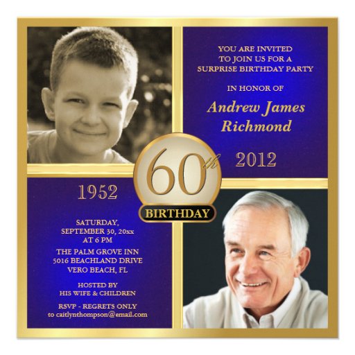 Blue Gold Birthday Invitations Then & Now 2 Photos (front side)