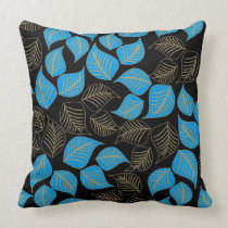 Blue gold broad leaves pattern on black throw pillow