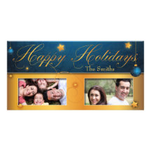 Blue Gold Christmas Bulb Happy Holidays Photo Card