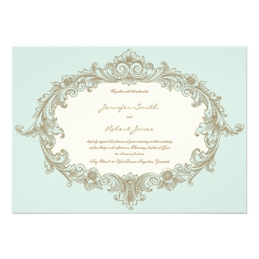 Blue Gold Cream Vintage Frame Wedding Invitation
