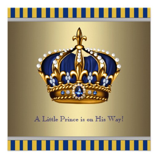 Blue Gold Crown Little Prince Boy Baby Shower Invitations