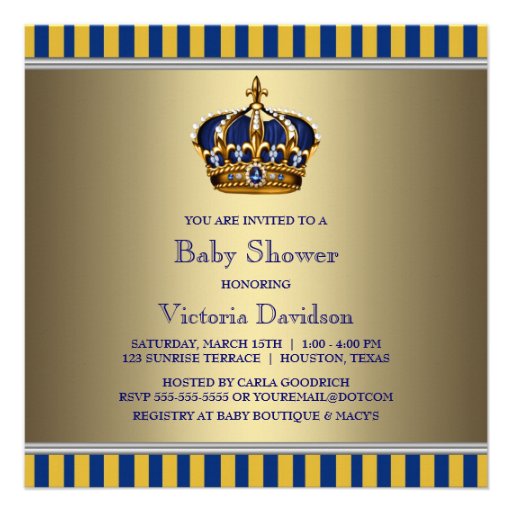 Blue Gold Crown Little Prince Boy Baby Shower Invitations