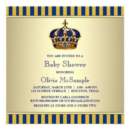 Blue Gold Crown Little Prince Boy Baby Shower Personalized Invites