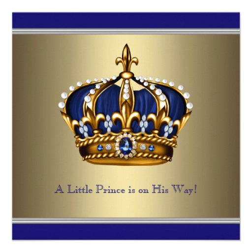 Blue Gold Crown Little Prince Boy Baby Shower Personalized Invitation