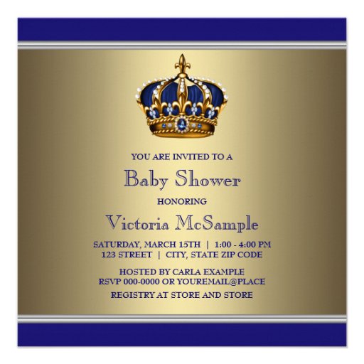 Blue Gold Crown Little Prince Boy Baby Shower Personalized Invitation