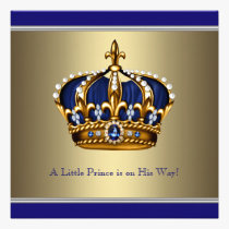 Blue Gold Crown Little Prince Boy Baby Shower invitations