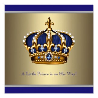 Blue Gold Crown Little Prince Boy Baby Shower Invitations