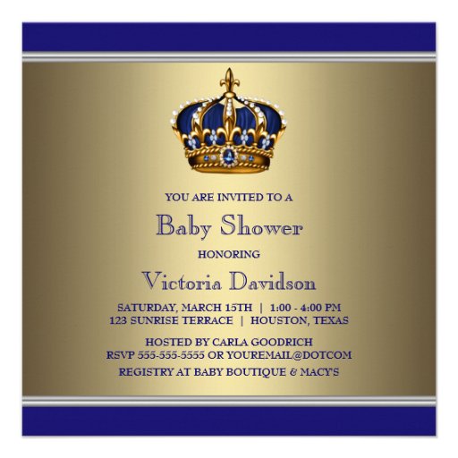 Blue Gold Crown Little Prince Boy Baby Shower Invitations
