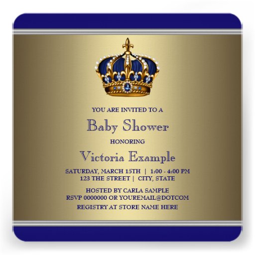 Blue Gold Crown Little Prince Boy Baby Shower Personalized Announcements