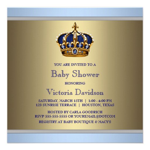 Blue Gold Crown Prince Baby Boy Shower Personalized Invitation
