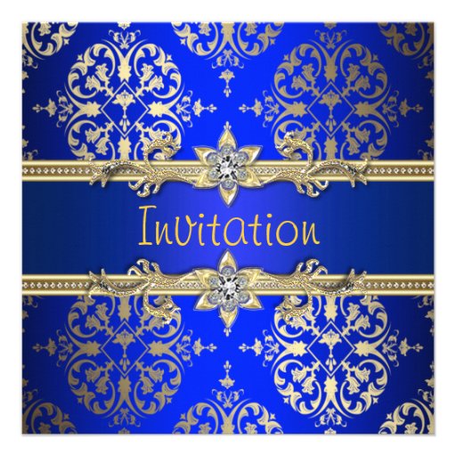 Blue Gold Damask Royal Blue Party Announcement