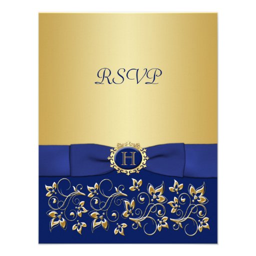 Blue, Gold Floral Scroll Wedding Reply Card Custom Announcement