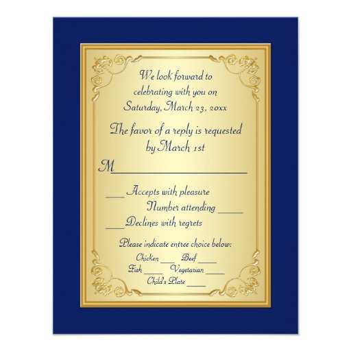 Blue, Gold Floral Scroll Wedding Reply Card Custom Announcement
