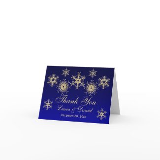 Blue, Gold Glitter LOOK Snowflakes Thank You Card