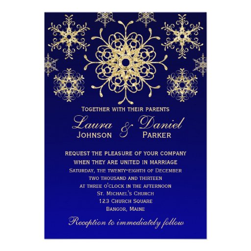 Blue, Gold Glitter LOOK Snowflakes Wedding Invite