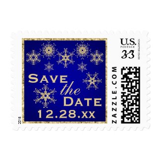 Blue, Gold Glitter Snowflakes Save Date Postage