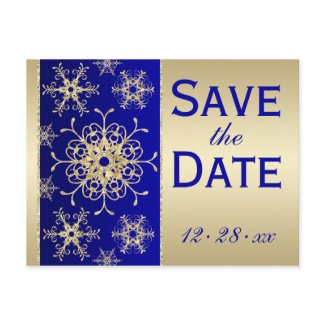 Blue, Gold Glitter Snowflakes Save Date Postcard