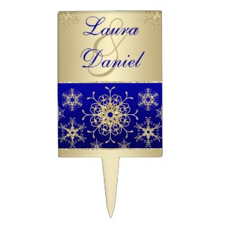 Blue, Gold Glitter Snowflakes Wedding Cake Pick