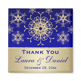 Blue, Gold Glitter Snowflakes Wedding Favor Magnet