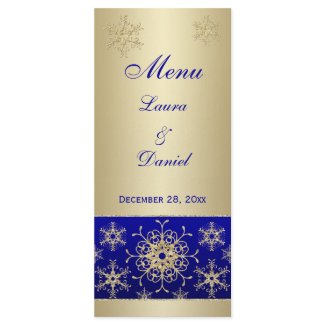 Blue, Gold Glitter Snowflakes Wedding Menu Card