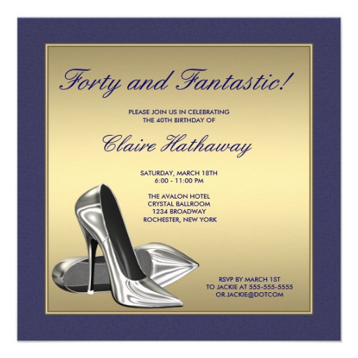 Blue Gold High Heels Womans 40th Birthday Party Personalized Announcement