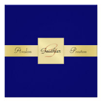 Blue Gold Metal Monogram Ribbon Formal Invitation
