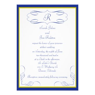 Blue Gold Monogram Wedding Invitation