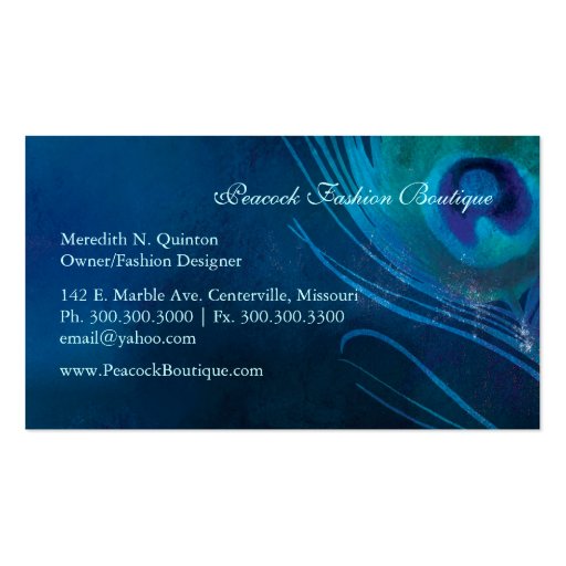 Blue Gold Peacock Feathers Monogram Business Cards (back side)