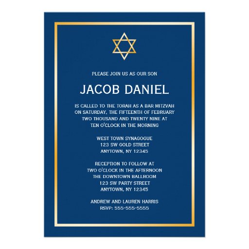 Blue Gold Star of David Bar Mitzvah Invitations