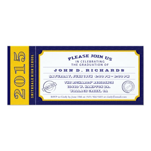 Blue & Gold Ticket Graduation Party Invitation (front side)