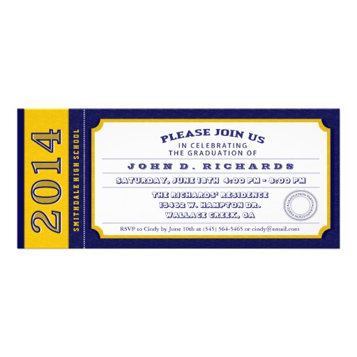 Blue & Gold Ticket Graduation Party Invitation (front side)