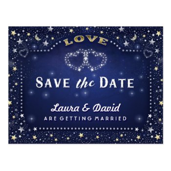 Blue Gold White Hearts & Stars Save Date Postcard by juliea2010 at Zazzle